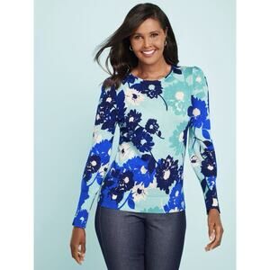 Talbots Womens 1X Floral Sweater Lightweight Cotton Tencel Bloomcore Blue XL